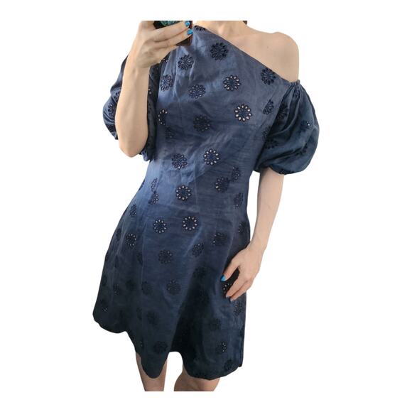 FIGUE Darcy Linen Eyelet Mini Dress 4 Navy Party Fairycore Wedding Cocktail - Picture 1 of 9